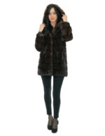 Cappotto mogano pelliccia visone orizzontale 42 cappuccio foderato pelli visone manica lunga tasche esterne