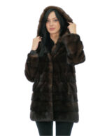 Cappotto mogano pelliccia visone orizzontale 42 cappuccio foderato pelli visone manica lunga tasche esterne