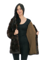 Cappotto mogano pelliccia visone orizzontale 42 cappuccio foderato pelli visone manica lunga tasche esterne
