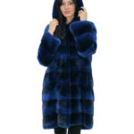 Cappotto in pelliccia di visone blu fumato nero 46 con coulisse in vita cappuccio foderato pelli visone