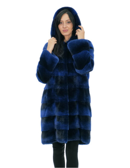 Cappotto in pelliccia di visone blu fumato nero 46 con coulisse in vita cappuccio foderato pelli visone