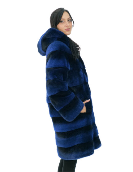 Cappotto in pelliccia di visone blu fumato nero 46 con coulisse in vita cappuccio foderato pelli visone