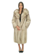 Cappotto lunghissimo 108 centimetri di volpe filettata bianco sfumato manica lunga e cappuccio foderato stoffa