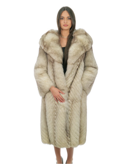 Cappotto lunghissimo 108 centimetri di volpe filettata bianco sfumato manica lunga e cappuccio foderato stoffa