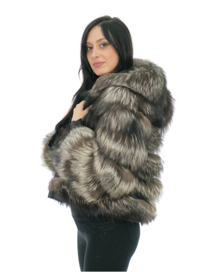 Giacca bomber in pelliccia di argentata 42 beige con cappuccio foderato pelliccia nero e zip manica lunga