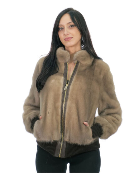 Bomber in pelliccia di visone tortora beige 44 con elastici maniche e fondo chiusura zip collo pistagna