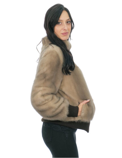 Bomber in pelliccia di visone tortora beige 44 con elastici maniche e fondo chiusura zip collo pistagna