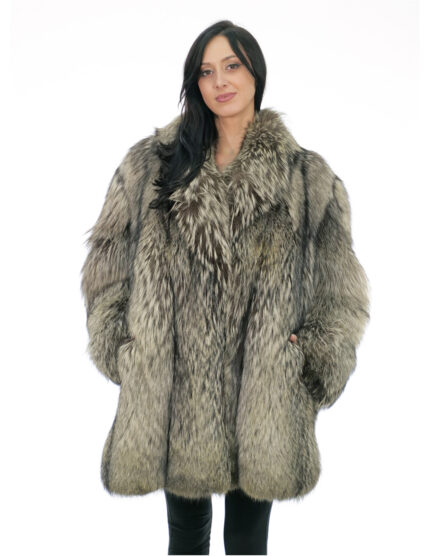 Cappotto 86 centimetri volpe argentata grigio 54 pelli intere verticali manica lunga e chiusura ganci