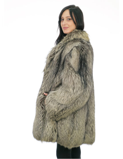 Cappotto 86 centimetri volpe argentata grigio 54 pelli intere verticali manica lunga e chiusura ganci