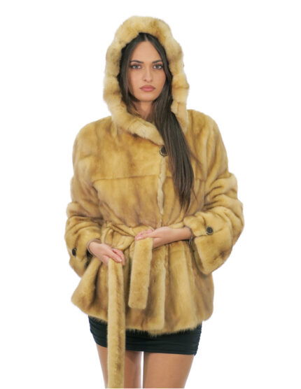 Cappotto in pelliccia di visone gold 44 con cintura in pelle esterna pelle intera