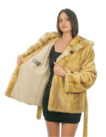 Cappotto in pelliccia di visone gold 44 con cintura in pelle esterna pelle intera