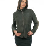 Giacca in pelle e montone 42 marrone grigio manica lunga chiusura zip collo pistagna con fibbia