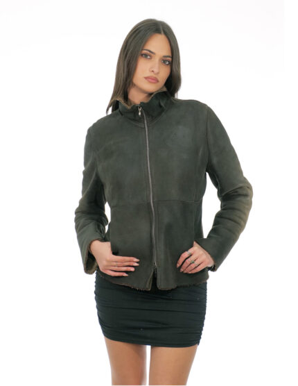 Giacca in pelle e montone 42 marrone grigio manica lunga chiusura zip collo pistagna con fibbia