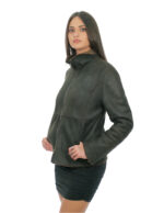 Giacca in pelle e montone 42 marrone grigio manica lunga chiusura zip collo pistagna con fibbia