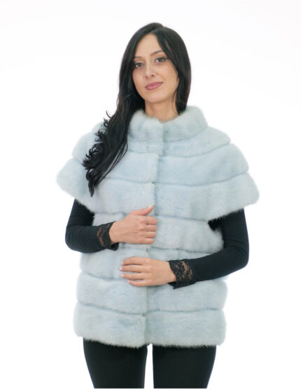 Gilet in visone orizzontale pelliccia 44 azzurro chiusura ganci fodera nero collo pistagna