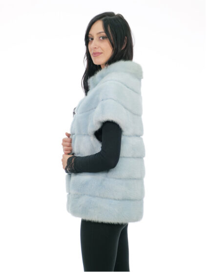 Gilet in visone orizzontale pelliccia 44 azzurro chiusura ganci fodera nero collo pistagna