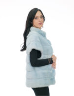 Gilet in visone orizzontale pelliccia 44 azzurro chiusura ganci fodera nero collo pistagna