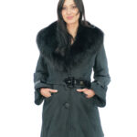 Cappotto in tessuto tecnico 44 nero collo in volpe chiusura bottoni cintura esterna fibbie ai polsi