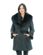 Cappotto in tessuto tecnico 44 nero collo in volpe chiusura bottoni cintura esterna fibbie ai polsi