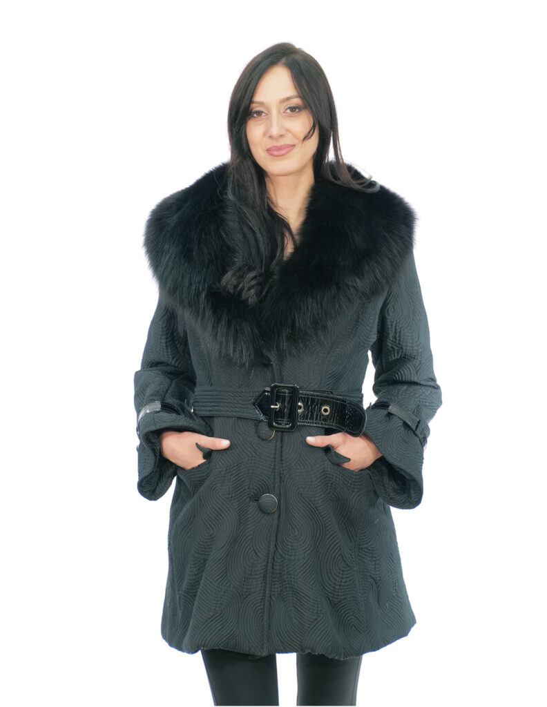 Cappotto in tessuto tecnico 44 nero collo in volpe chiusura bottoni cintura esterna fibbie ai polsi