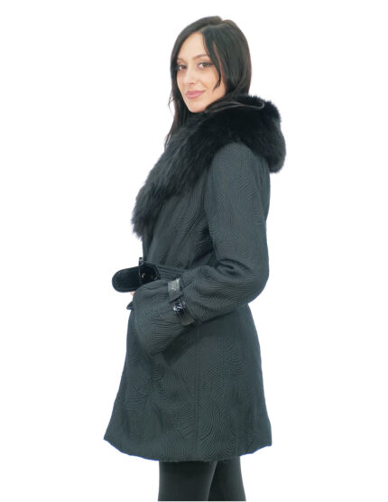 Cappotto in tessuto tecnico 44 nero collo in volpe chiusura bottoni cintura esterna fibbie ai polsi