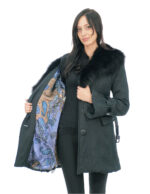 Cappotto in tessuto tecnico 44 nero collo in volpe chiusura bottoni cintura esterna fibbie ai polsi
