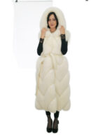 Gilettone bianco ottico volpe cappuccio 44 con cintura esterna pelle e cappuccio foderato pelle volpe