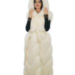 Gilettone bianco ottico volpe cappuccio 44 con cintura esterna pelle e cappuccio foderato pelle volpe