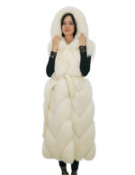 Gilettone bianco ottico volpe cappuccio 44 con cintura esterna pelle e cappuccio foderato pelle volpe