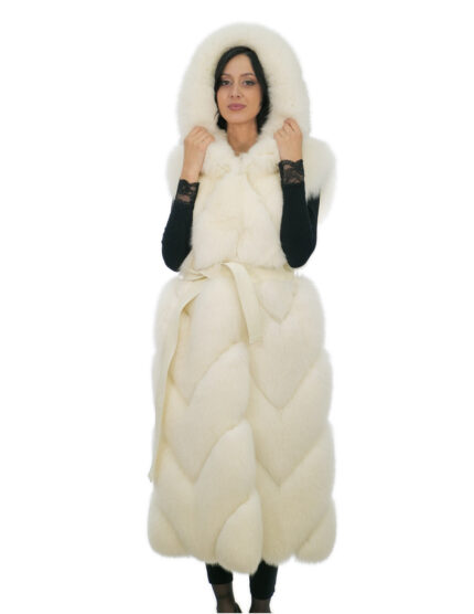 Gilettone bianco ottico volpe cappuccio 44 con cintura esterna pelle e cappuccio foderato pelle volpe