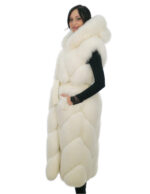 Gilettone bianco ottico volpe cappuccio 44 con cintura esterna pelle e cappuccio foderato pelle volpe