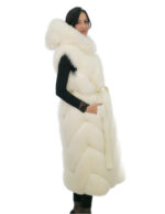 Gilettone bianco ottico volpe cappuccio 44 con cintura esterna pelle e cappuccio foderato pelle volpe