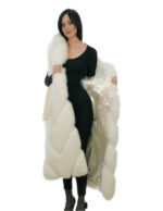 Gilettone bianco ottico volpe cappuccio 44 con cintura esterna pelle e cappuccio foderato pelle volpe