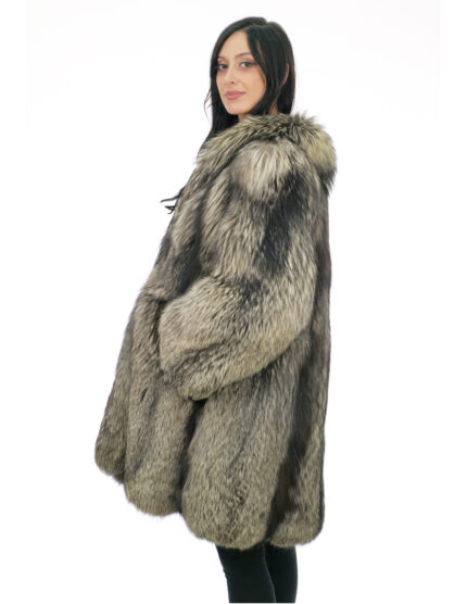 Cappotto volpe second life lungo 94 cm taglia 52 argentata grigio con maniche lunghe e chiusura ganci
