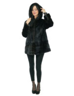 Cappotto in pelliccia di visone verticale 50 nero con fondo polsi e bordo cappuccio in pelliccia di rex