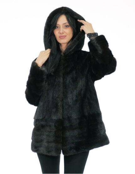 Cappotto in pelliccia di visone verticale 50 nero con fondo polsi e bordo cappuccio in pelliccia di rex
