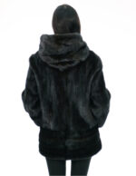 Cappotto in pelliccia di visone verticale 50 nero con fondo polsi e bordo cappuccio in pelliccia di rex