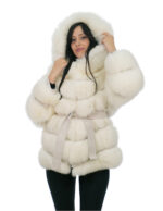 Giacca volpe pelliccia lavorazione orizzontale a V bianco 46 cappuccio foderato pelliccia volpe manica lunga cintura pelle