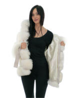 Giacca volpe pelliccia lavorazione orizzontale a V bianco 46 cappuccio foderato pelliccia volpe manica lunga cintura pelle