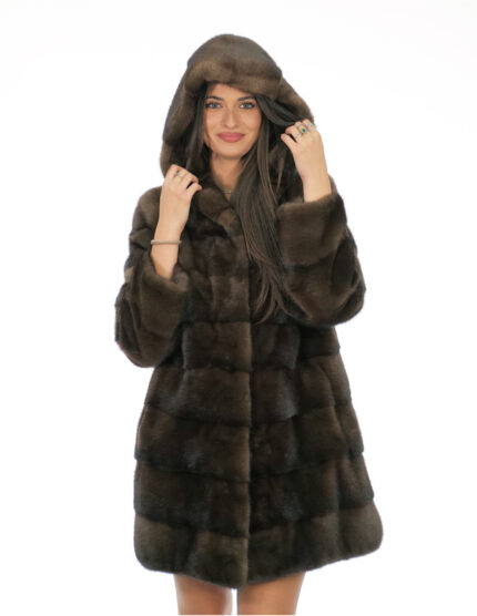 Cappottino 82 centimetri demi buff 48 visone pelliccia manica lunga cappuccio foderato pelli visone coulisse