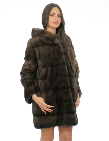 Cappottino 82 centimetri demi buff 48 visone pelliccia manica lunga cappuccio foderato pelli visone coulisse
