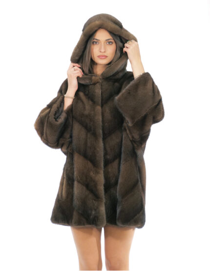 Giaccone mantella taglia 48-56 demi cappuccio foderato pelli visone pelliccia lavoro a V 82 cm