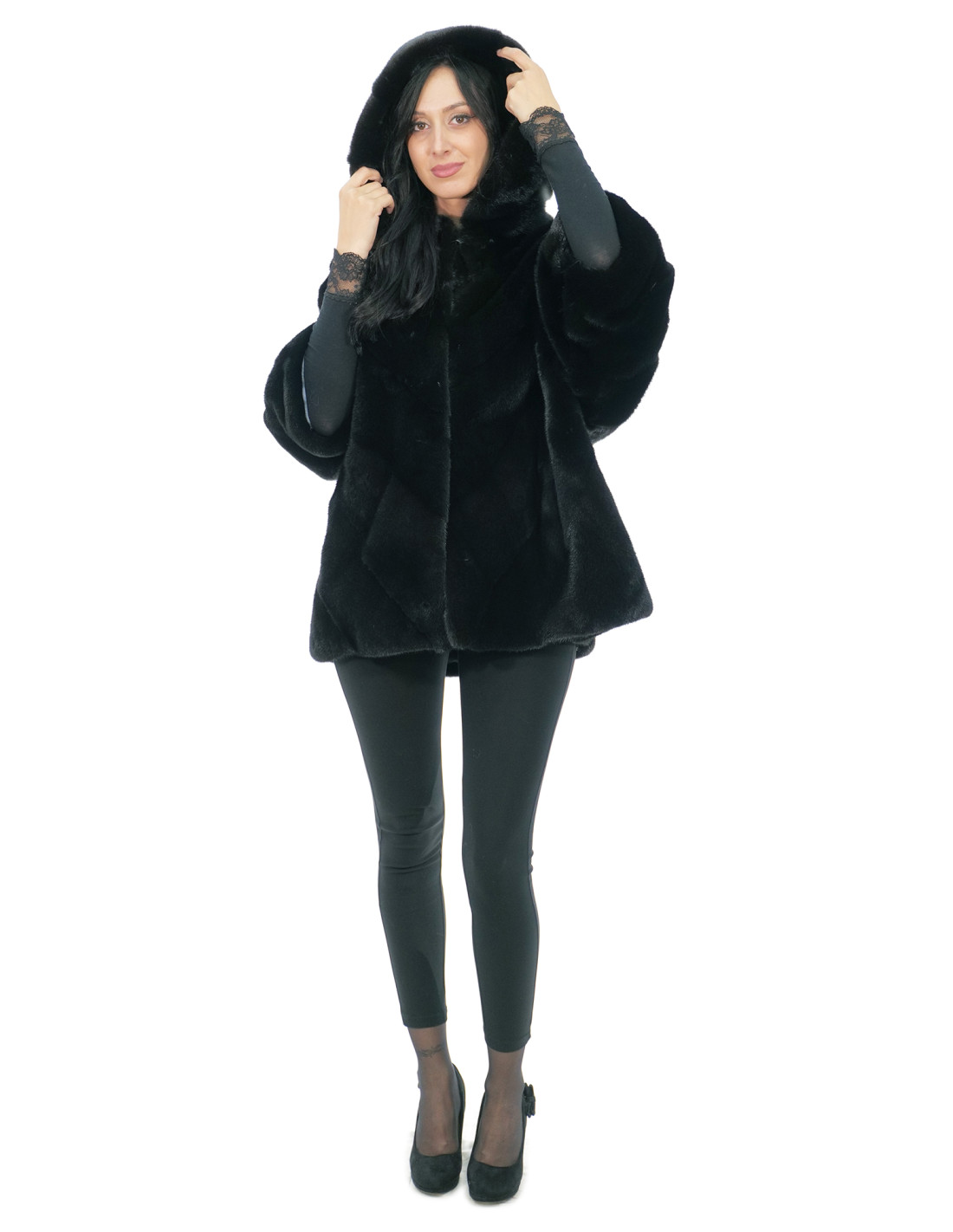 Jacke Cape Gr. 48-56 glänzend schwarz Kapuze gefüttert Nerzfell Fell V work 82 cm – Bild 4
