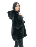 Jacke Cape Gr. 48-56 glänzend schwarz Kapuze gefüttert Nerzfell Fell V work 82 cm – Bild 2