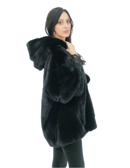 Giaccone mantella taglia 48-56 nero lucido cappuccio foderato pelli visone pelliccia lavoro a V 82 cm