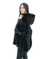 Jacke Cape Gr. 48-56 glänzend schwarz Kapuze gefüttert Nerzfell Fell V work 82 cm – Bild 3