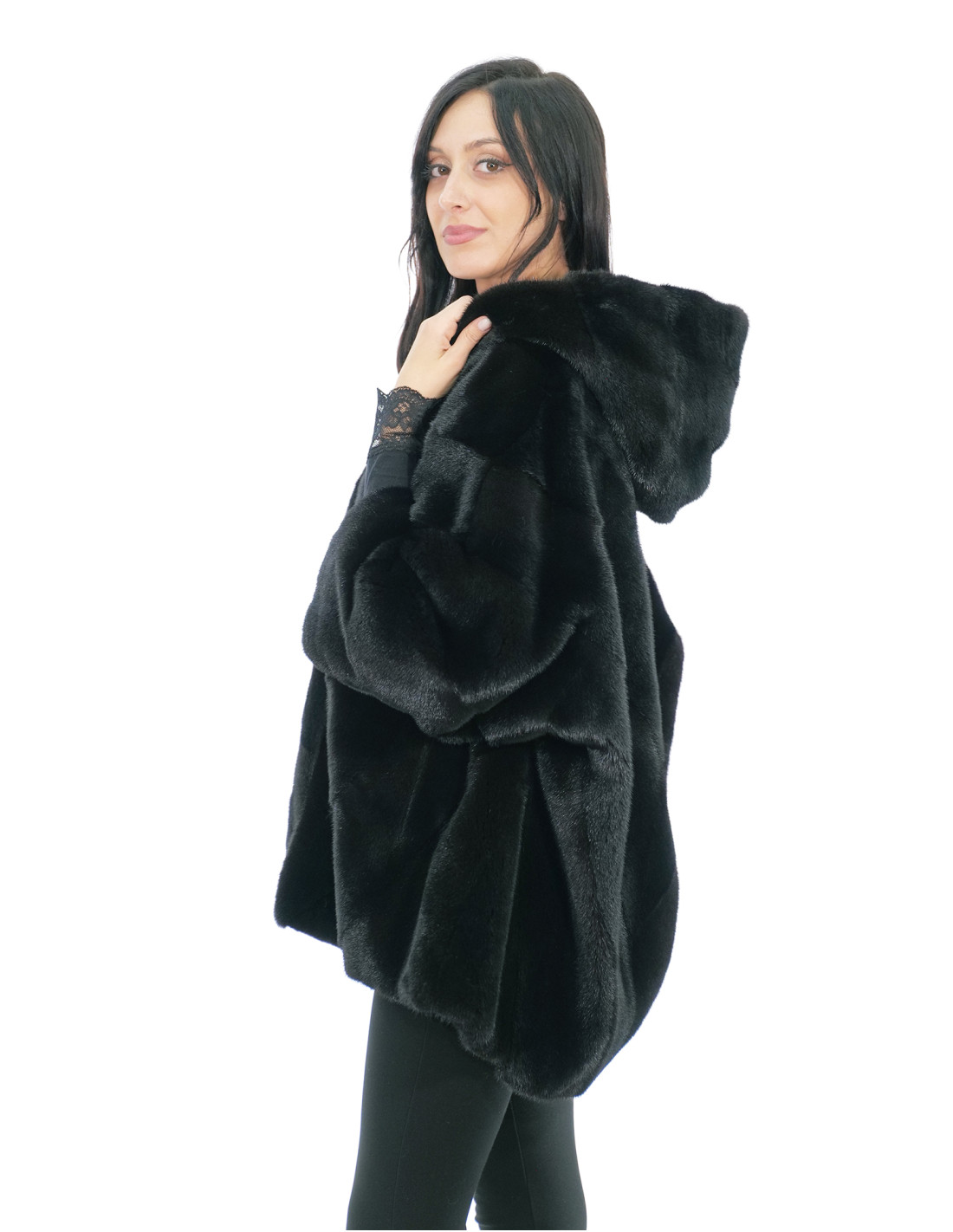 Jacke Cape Gr. 48-56 glänzend schwarz Kapuze gefüttert Nerzfell Fell V work 82 cm – Bild 3