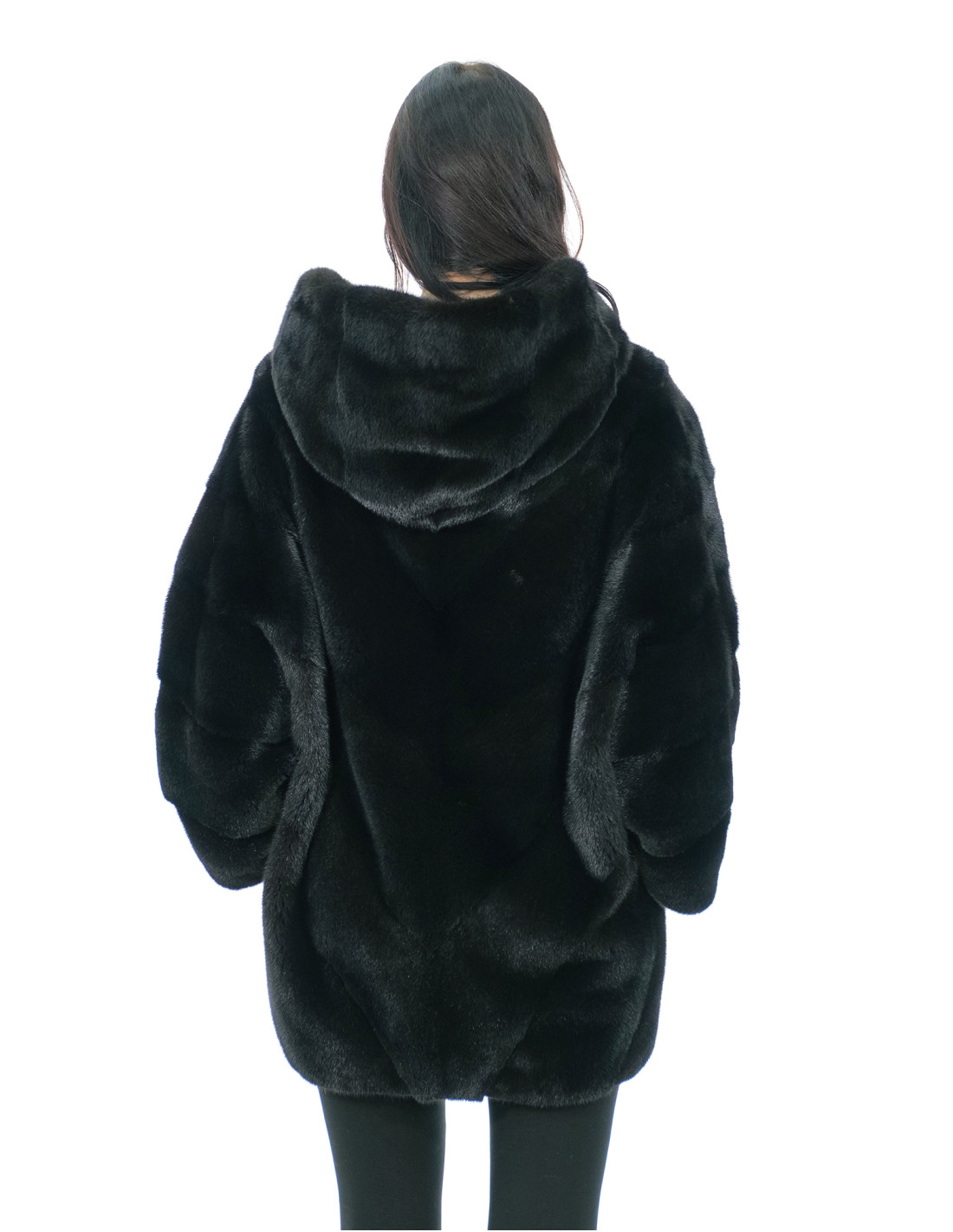 Jacke Cape Gr. 48-56 glänzend schwarz Kapuze gefüttert Nerzfell Fell V work 82 cm – Bild 5