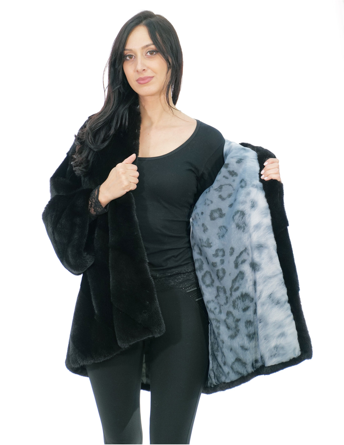 Jacke Cape Gr. 48-56 glänzend schwarz Kapuze gefüttert Nerzfell Fell V work 82 cm – Bild 6