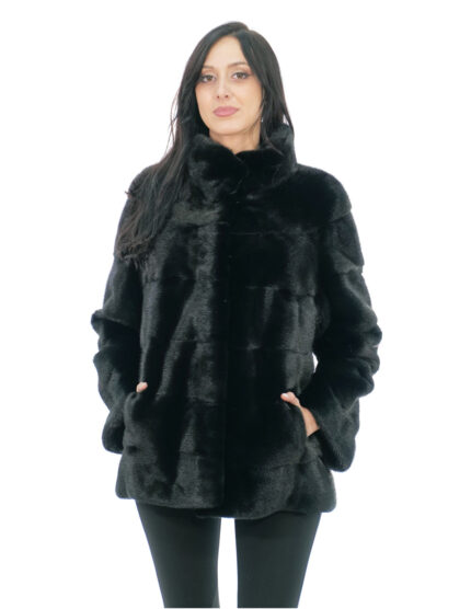 Cappotto pistagna pelliccia visone 70 centimetri 46 nero lucido manica lunga tasche esterne e tasca interna